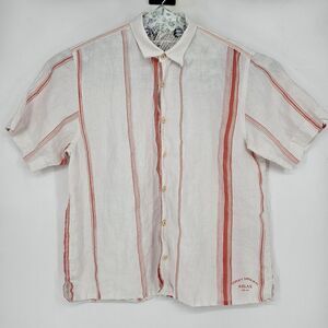 Tommy Bahama Shirt Mens XL Linen‎ Short Sleeve Pink White Striped Relax Casual